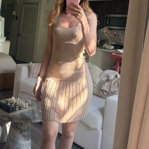 Stefanel Beige Ribbed Knit Mini Dress Pleated Skirt Drop Waist Minimalist XS